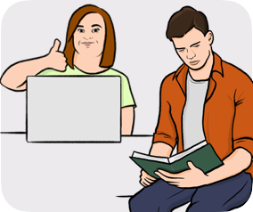 A women in front of a laptop thumbs up and  a men reading a book